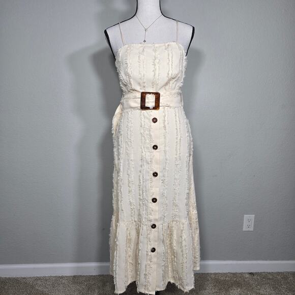 Moon River Dresses & Skirts - Moon River Cream Fringe Midi Dress XS Belted Button Front Coquette Bridal Resort